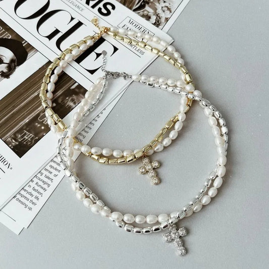 Imitation Pearl Necklace  w/ Cross Pendant - 2 Colors