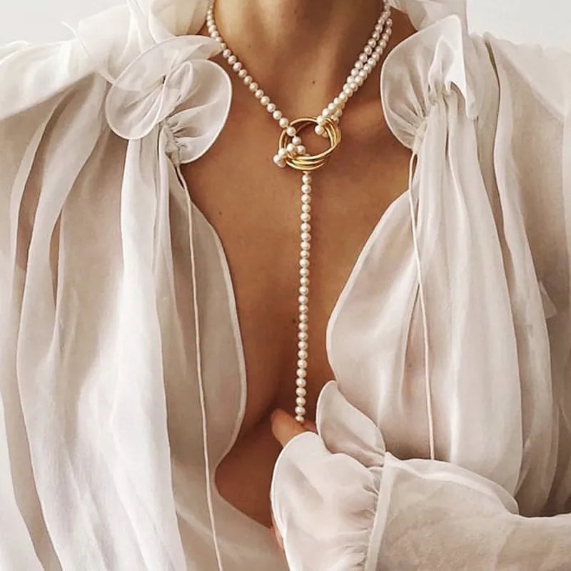 Faux Pearl Necklace with Gold Clasp & Drop Strand