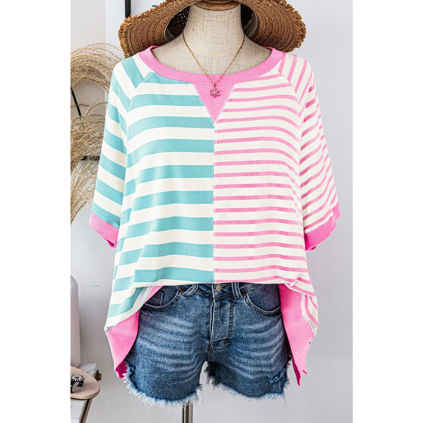 Neda Pink Stripe Contrast Patchwork Oversized T Shirt