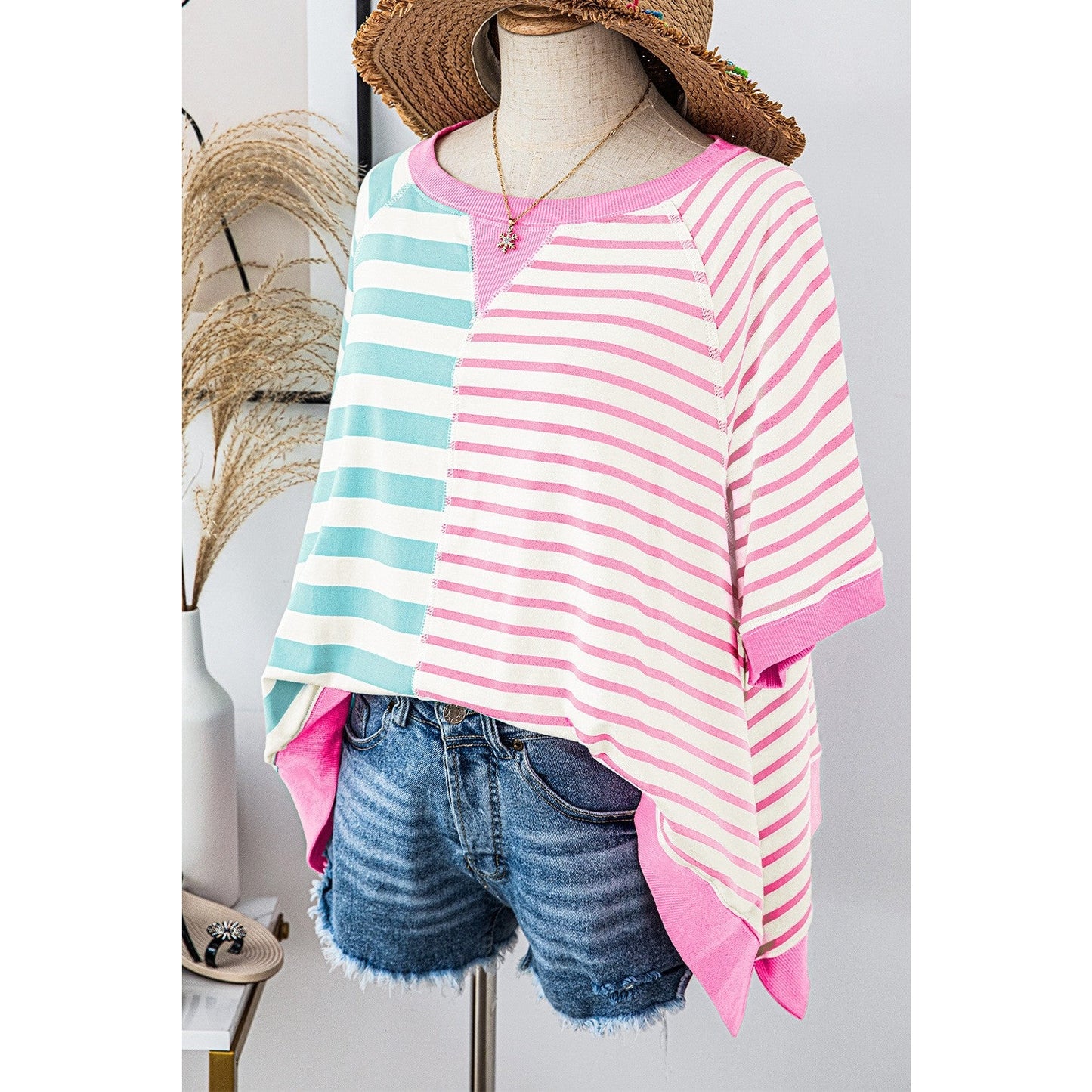 Neda Pink Stripe Contrast Patchwork Oversized T Shirt