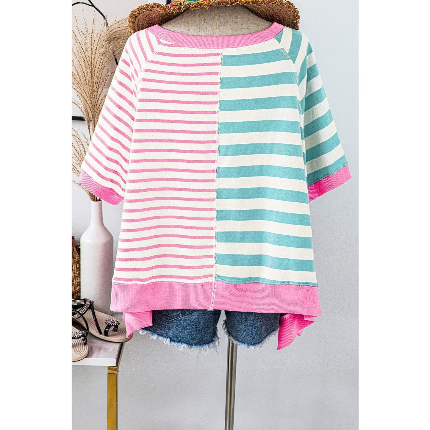 Neda Pink Stripe Contrast Patchwork Oversized T Shirt