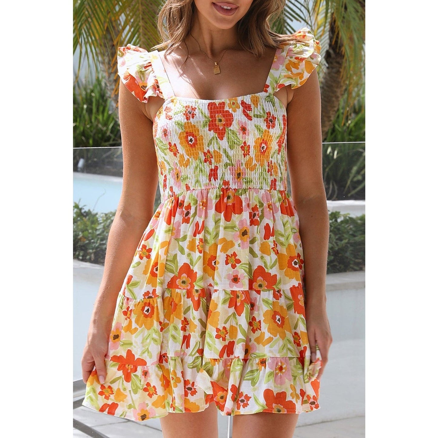 Neena Multicolor Ruffled Shirred Sleeveless High Rise Floral Mini Dress