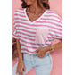 Nelsy Pink Stripe V Neck Patched Pocket Casual T Shirt
