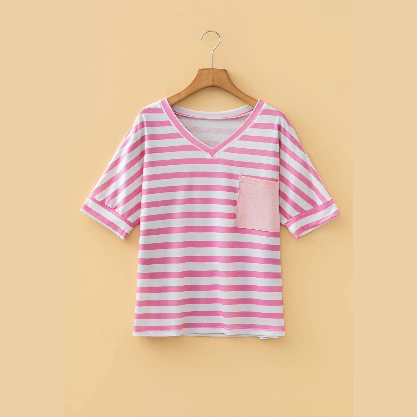 Nelsy Pink Stripe V Neck Patched Pocket Casual T Shirt