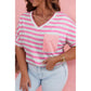 Nelsy Pink Stripe Colorblock Patched Pocket V Neck Plus Size Tee