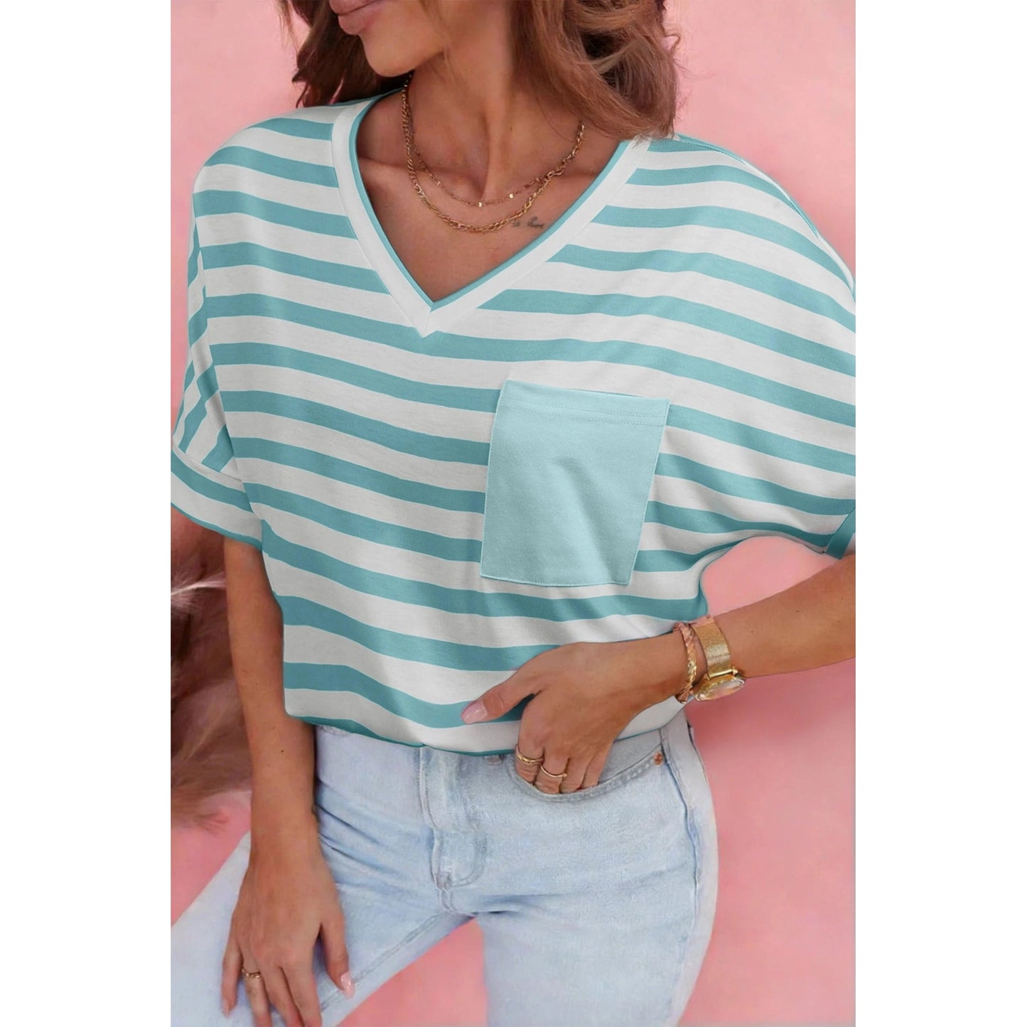 RTS Nelsy Blue Stripe V Neck Patched Pocket Casual T Shirt