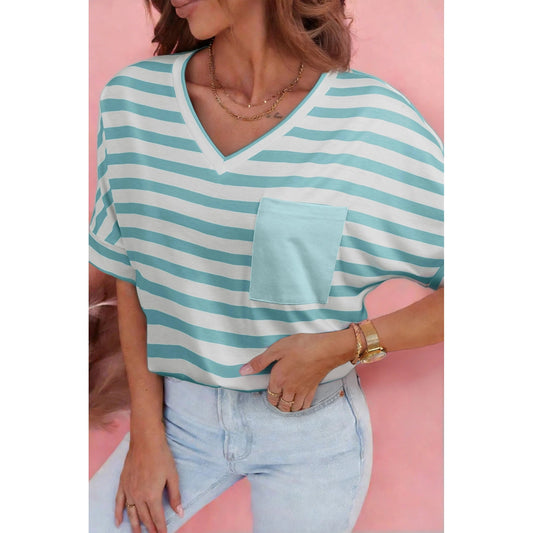 RTS Nelsy Blue Stripe V Neck Patched Pocket Casual T Shirt