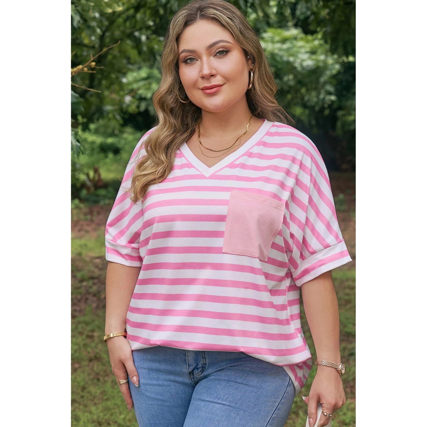 Nelsy Pink Stripe Colorblock Patched Pocket V Neck Tee