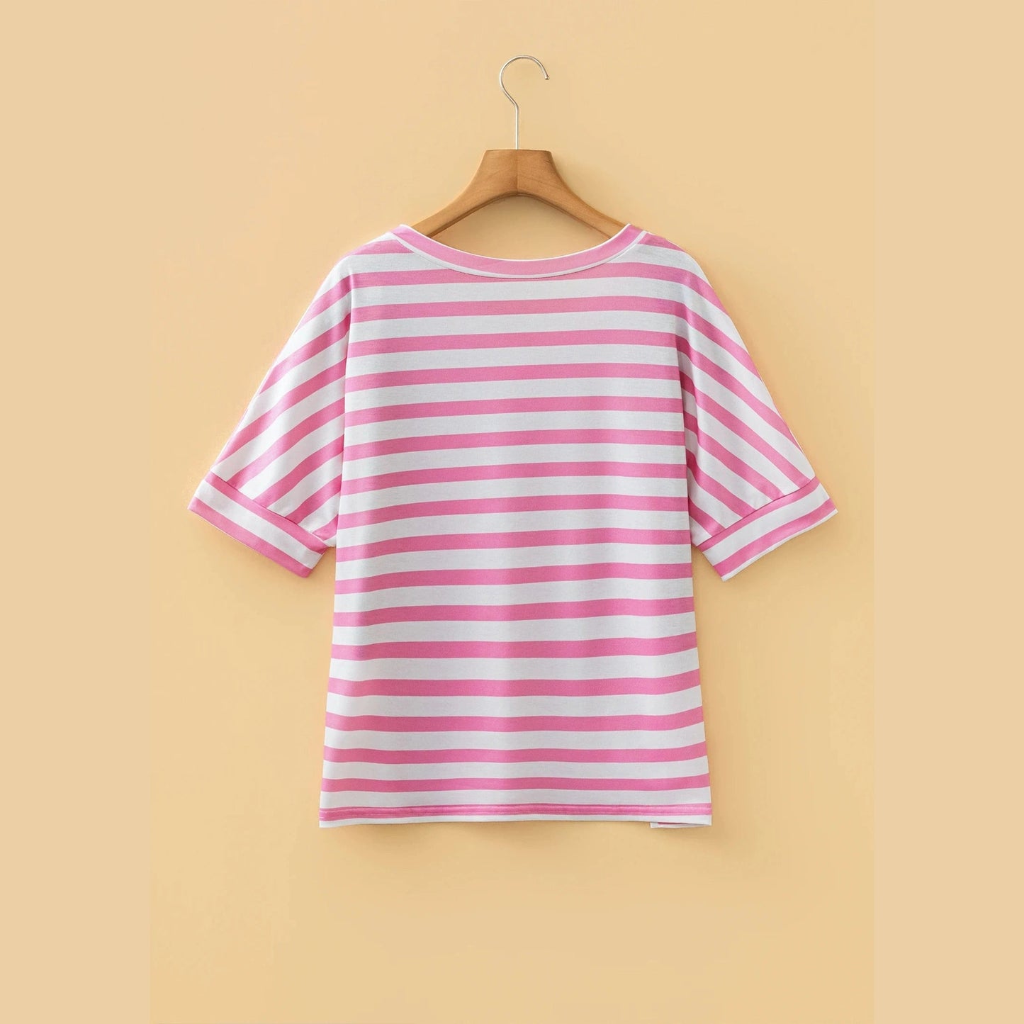 Nelsy Pink Stripe V Neck Patched Pocket Casual T Shirt