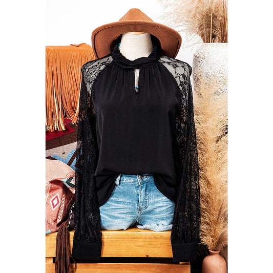 REDUCED!!!  Nessa Black Keyhole Neckline Floral Lace Raglan Sleeve Blouse  REDUCED!!!