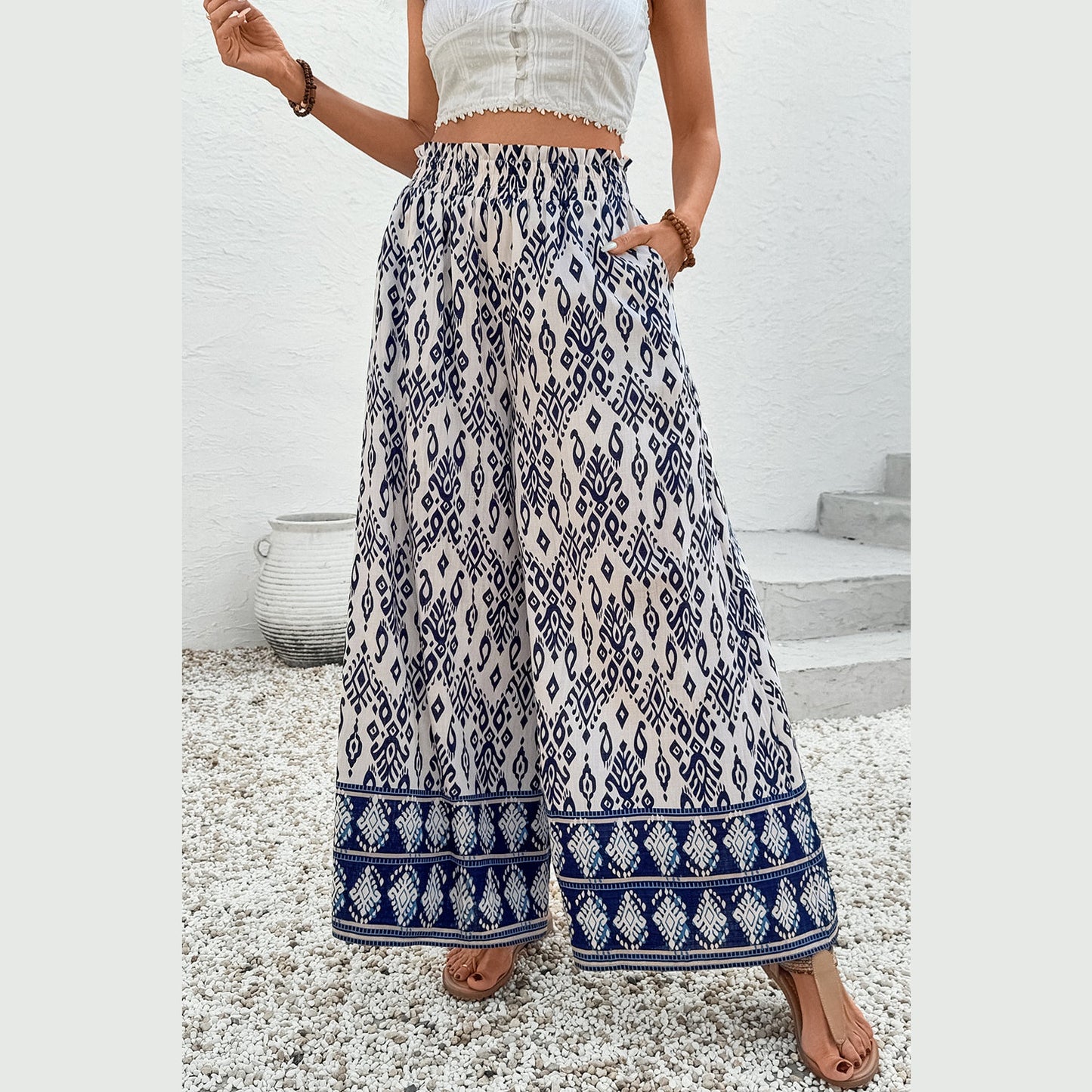 Netta Blue Boho Pattern Print High Waist Wide Leg Loose Pants
