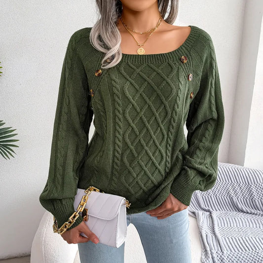 Nettie Army Green Button Decor Cable Knit Sweater