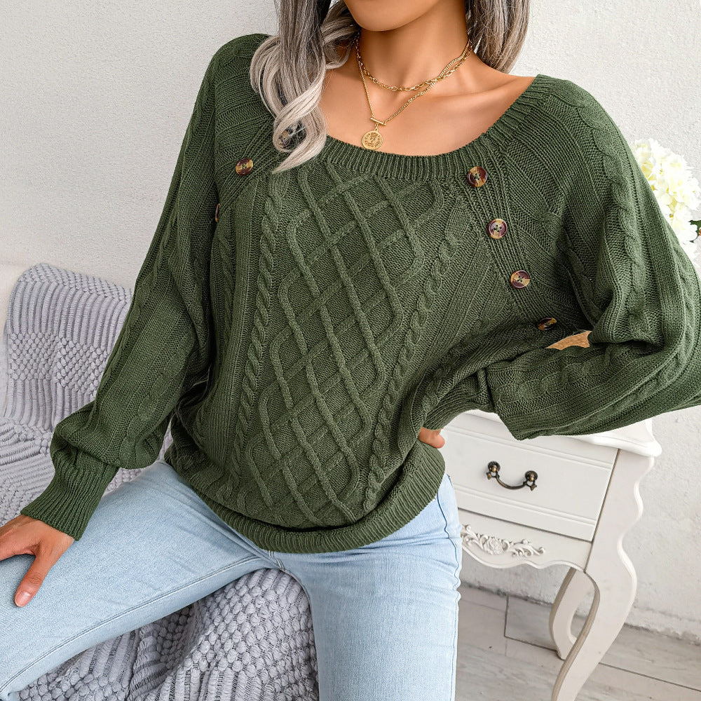 Nettie Army Green Button Decor Cable Knit Sweater