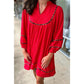 SALE!!!  Nickie Fiery Red Textured V Neck Leopard Contrasted Trim Long Sleeve Shift Mini Dress