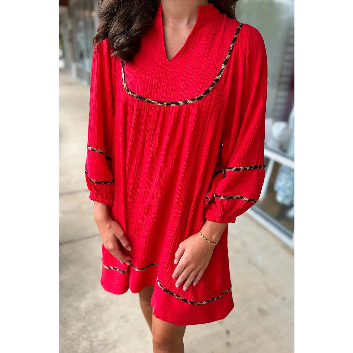 SALE!!!  Nickie Fiery Red Textured V Neck Leopard Contrasted Trim Long Sleeve Shift Mini Dress