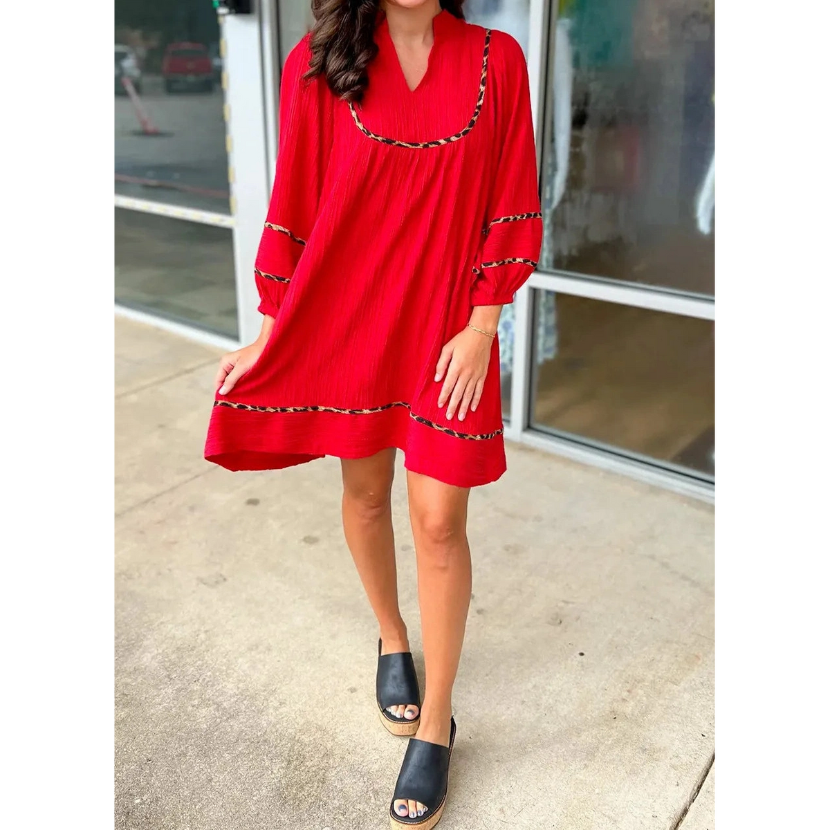SALE!!!  Nickie Fiery Red Textured V Neck Leopard Contrasted Trim Long Sleeve Shift Mini Dress