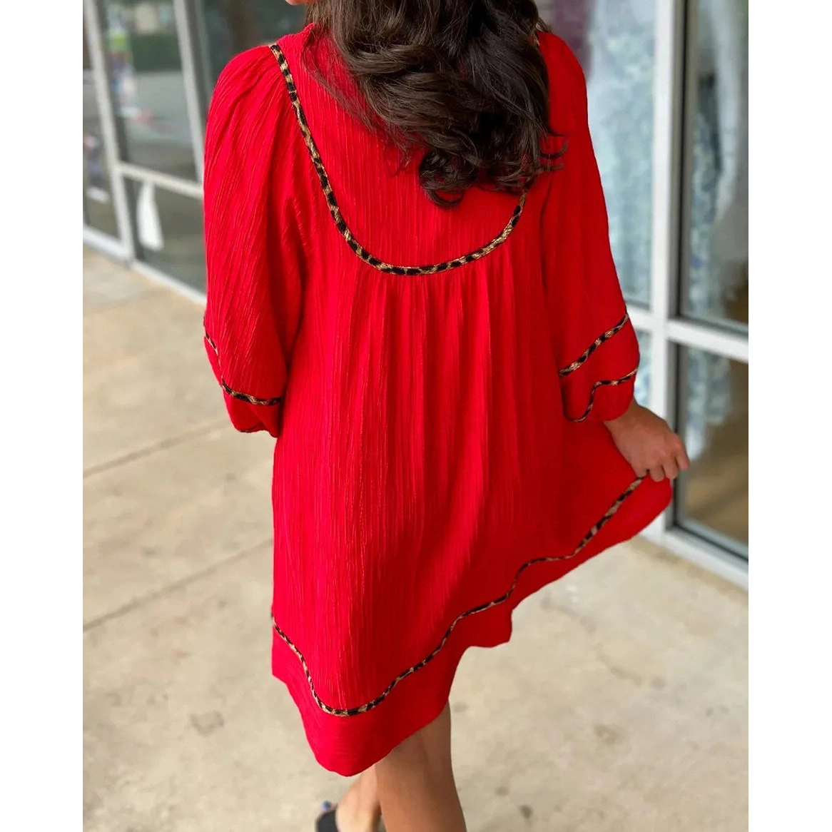 SALE!!!  Nickie Fiery Red Textured V Neck Leopard Contrasted Trim Long Sleeve Shift Mini Dress