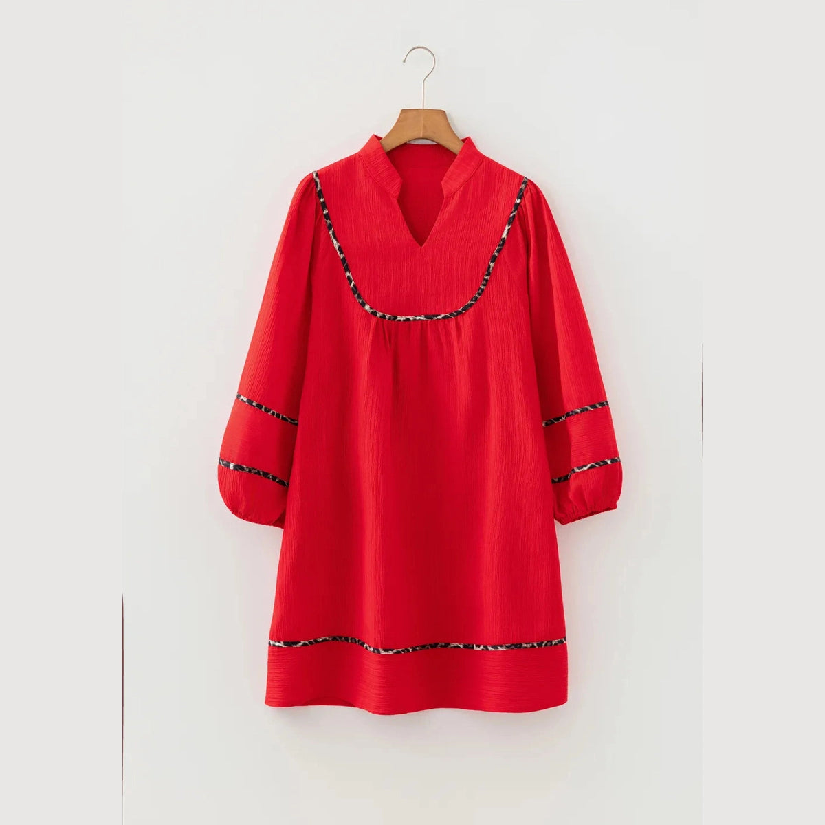 SALE!!!  Nickie Fiery Red Textured V Neck Leopard Contrasted Trim Long Sleeve Shift Mini Dress