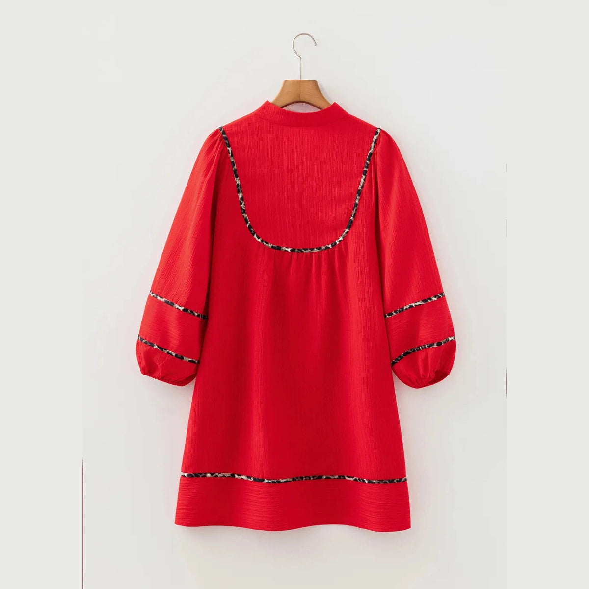 SALE!!!  Nickie Fiery Red Textured V Neck Leopard Contrasted Trim Long Sleeve Shift Mini Dress