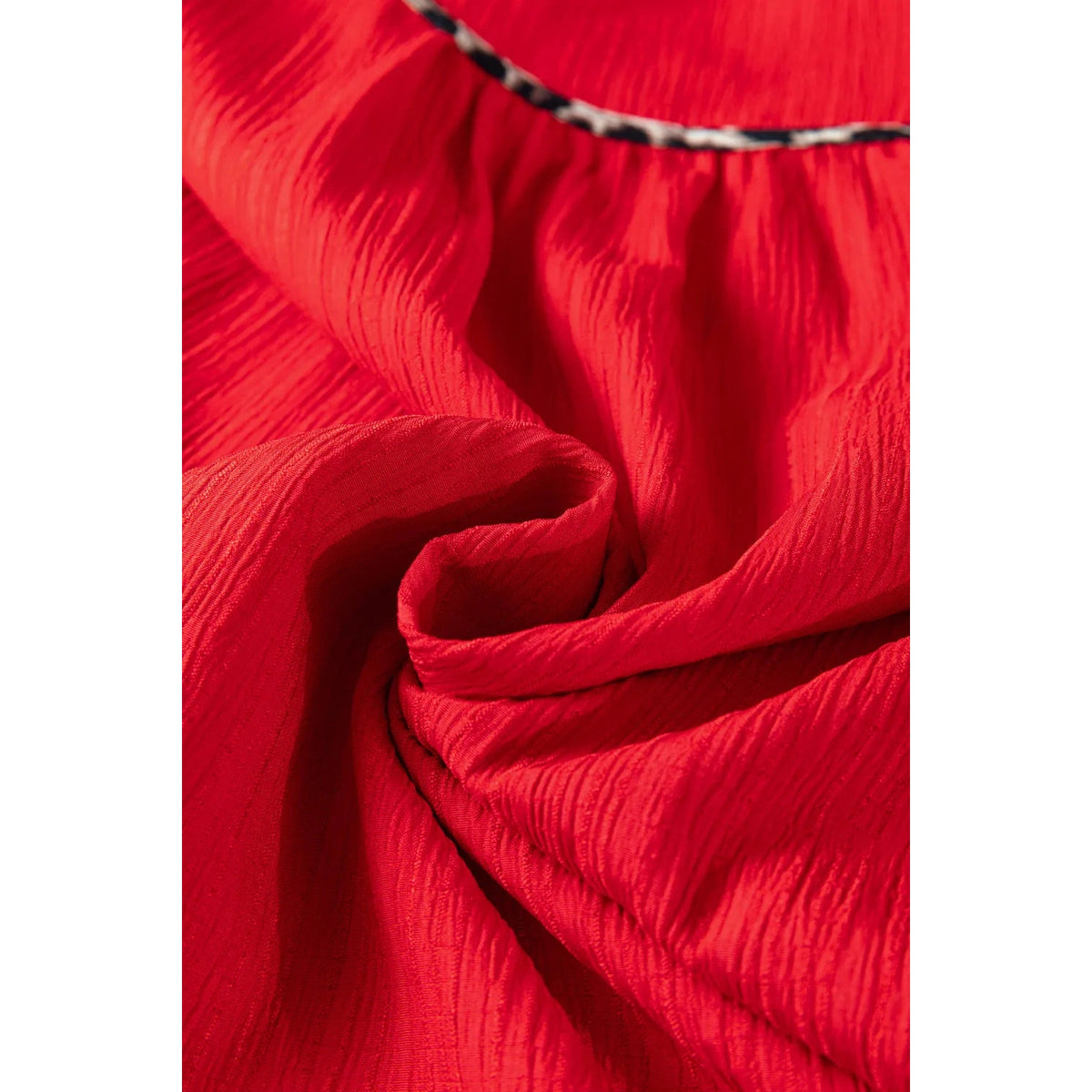 SALE!!!  Nickie Fiery Red Textured V Neck Leopard Contrasted Trim Long Sleeve Shift Mini Dress