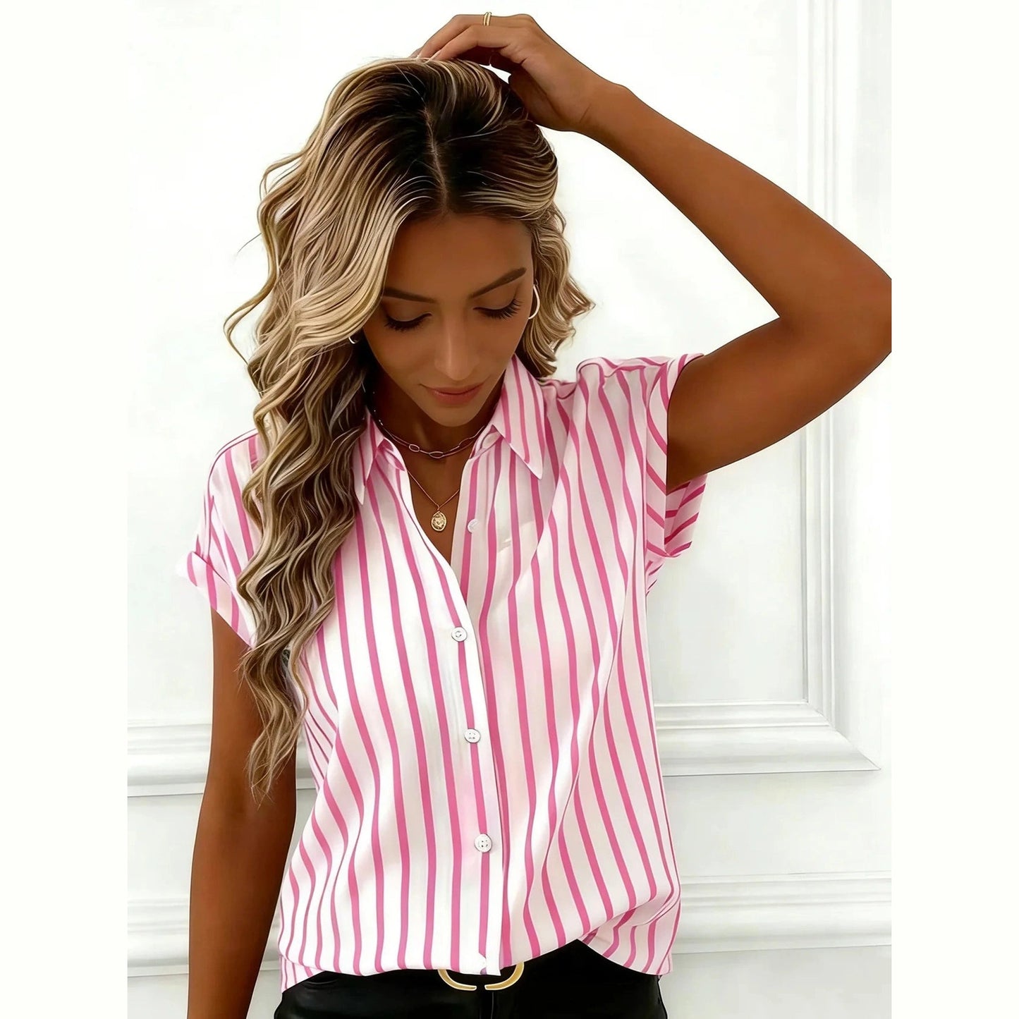 Nicoletta Pink Stripe Button‑Up Classic Shirt