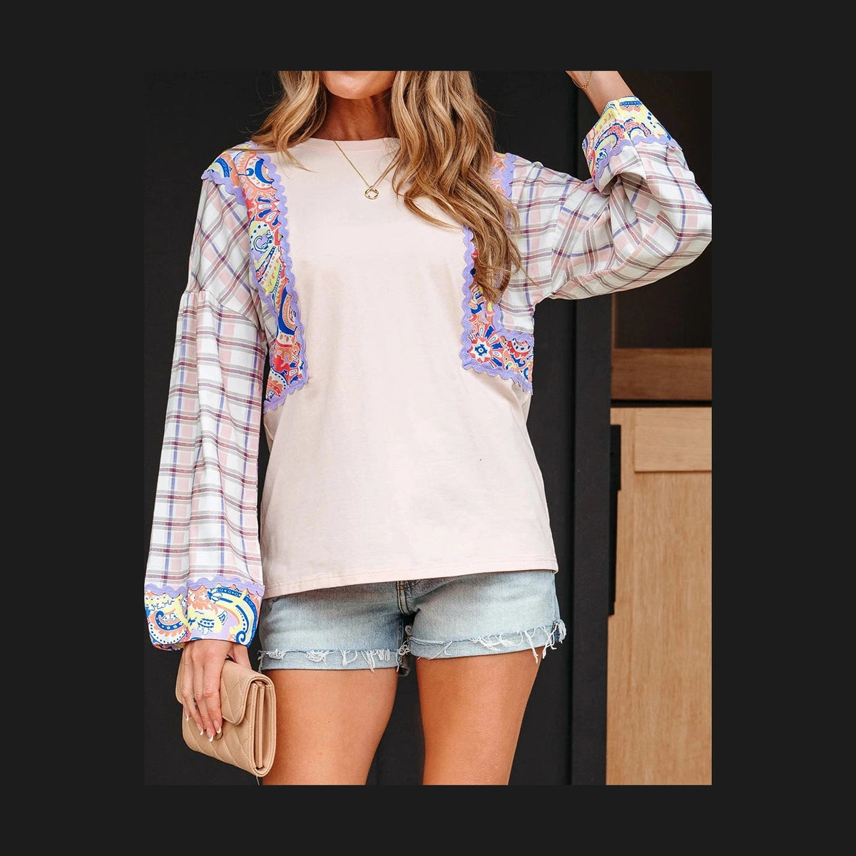 Nila Ricrac Trim Floral Plaid Patchwork Puff Sleeve Blouse