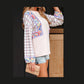 Nila Ricrac Trim Floral Plaid Patchwork Puff Sleeve Blouse