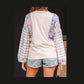 Nila Ricrac Trim Floral Plaid Patchwork Puff Sleeve Blouse