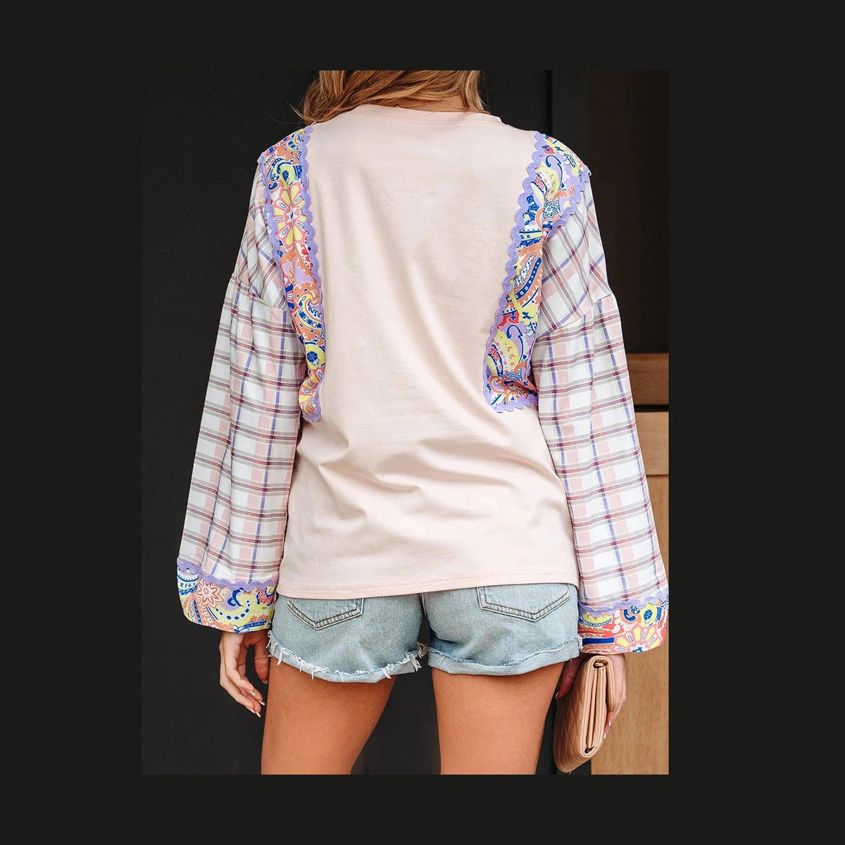 Nila Ricrac Trim Floral Plaid Patchwork Puff Sleeve Blouse