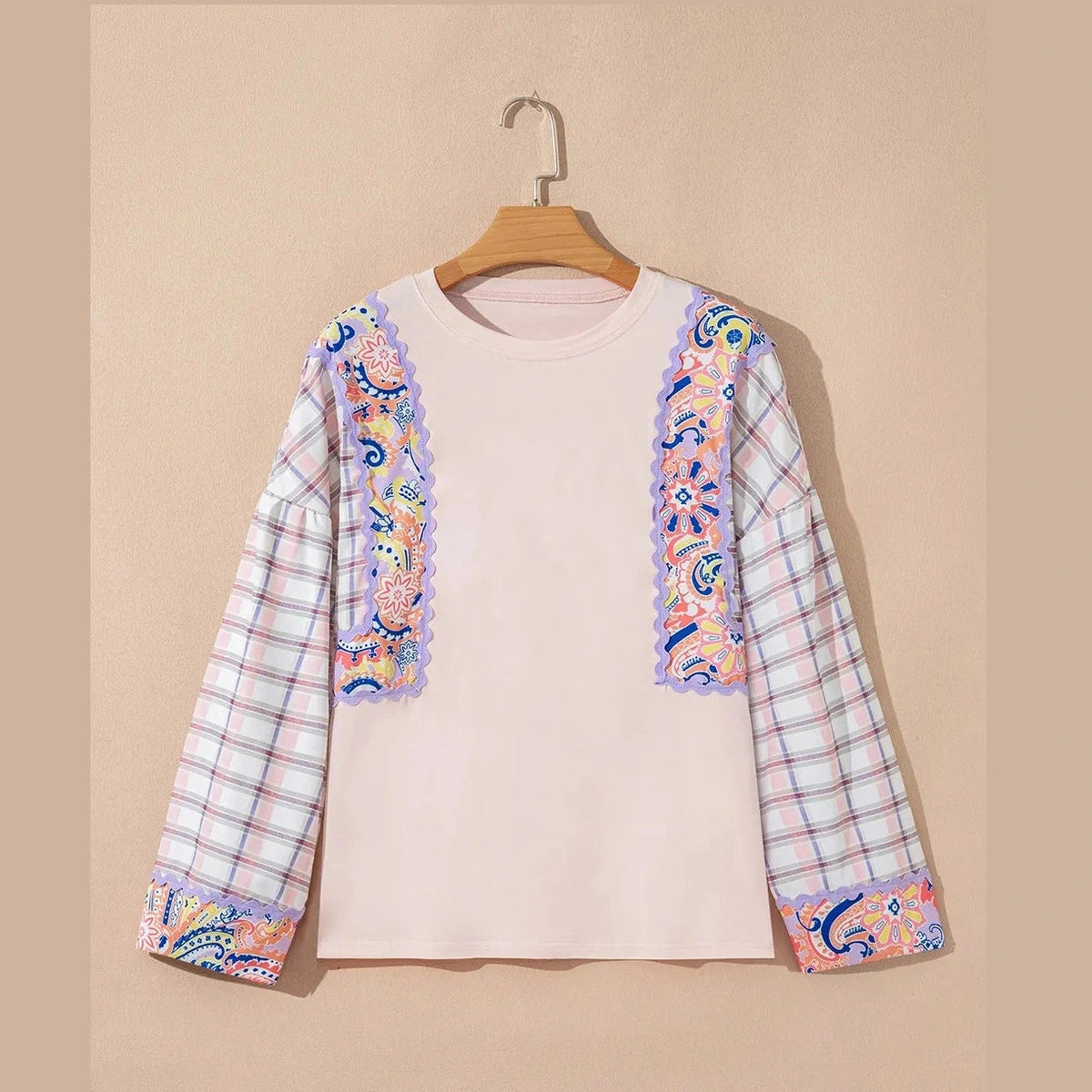Nila Ricrac Trim Floral Plaid Patchwork Puff Sleeve Blouse