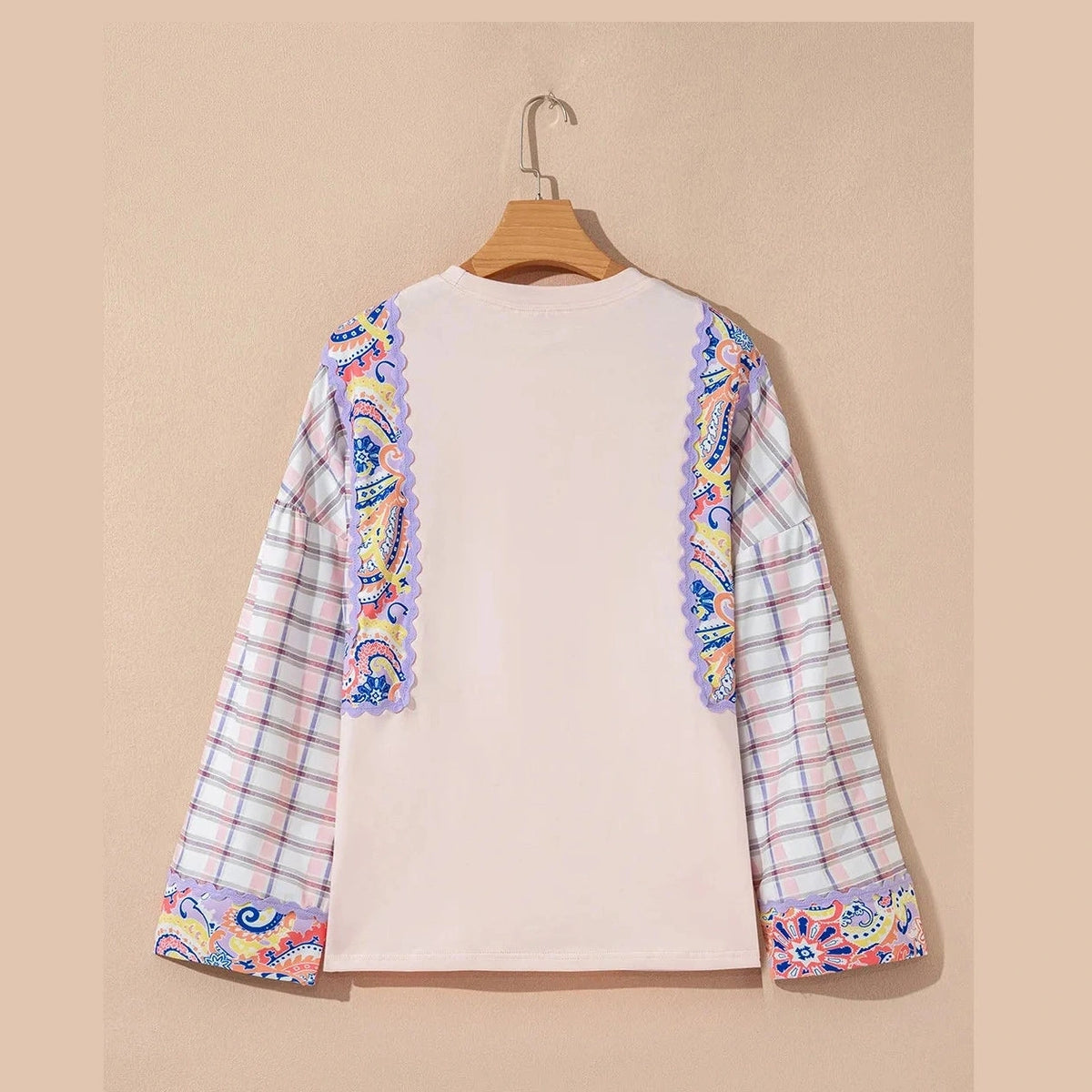 Nila Ricrac Trim Floral Plaid Patchwork Puff Sleeve Blouse