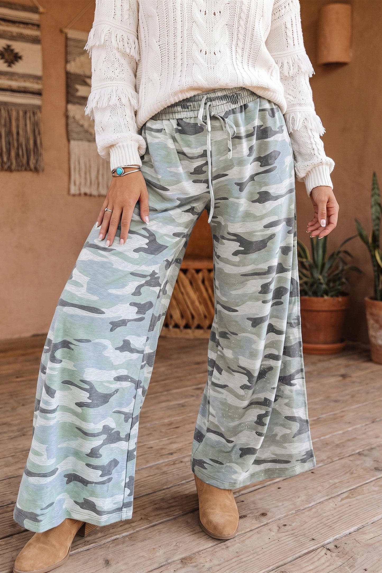 Nina Green Camo Wide Leg Tie Elastic Waist Casual Pants