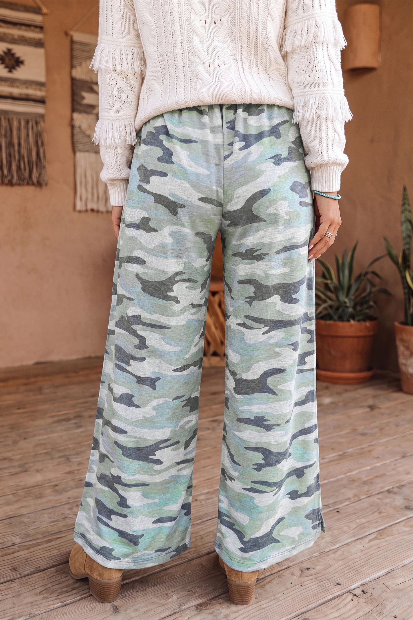 Nina Green Camo Wide Leg Tie Elastic Waist Casual Pants