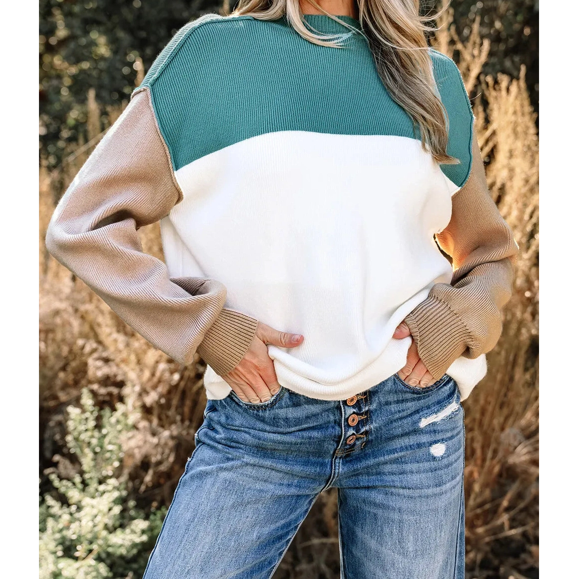 Nissa Green Color Block Plain Ribbed Knit Baggy Sweater