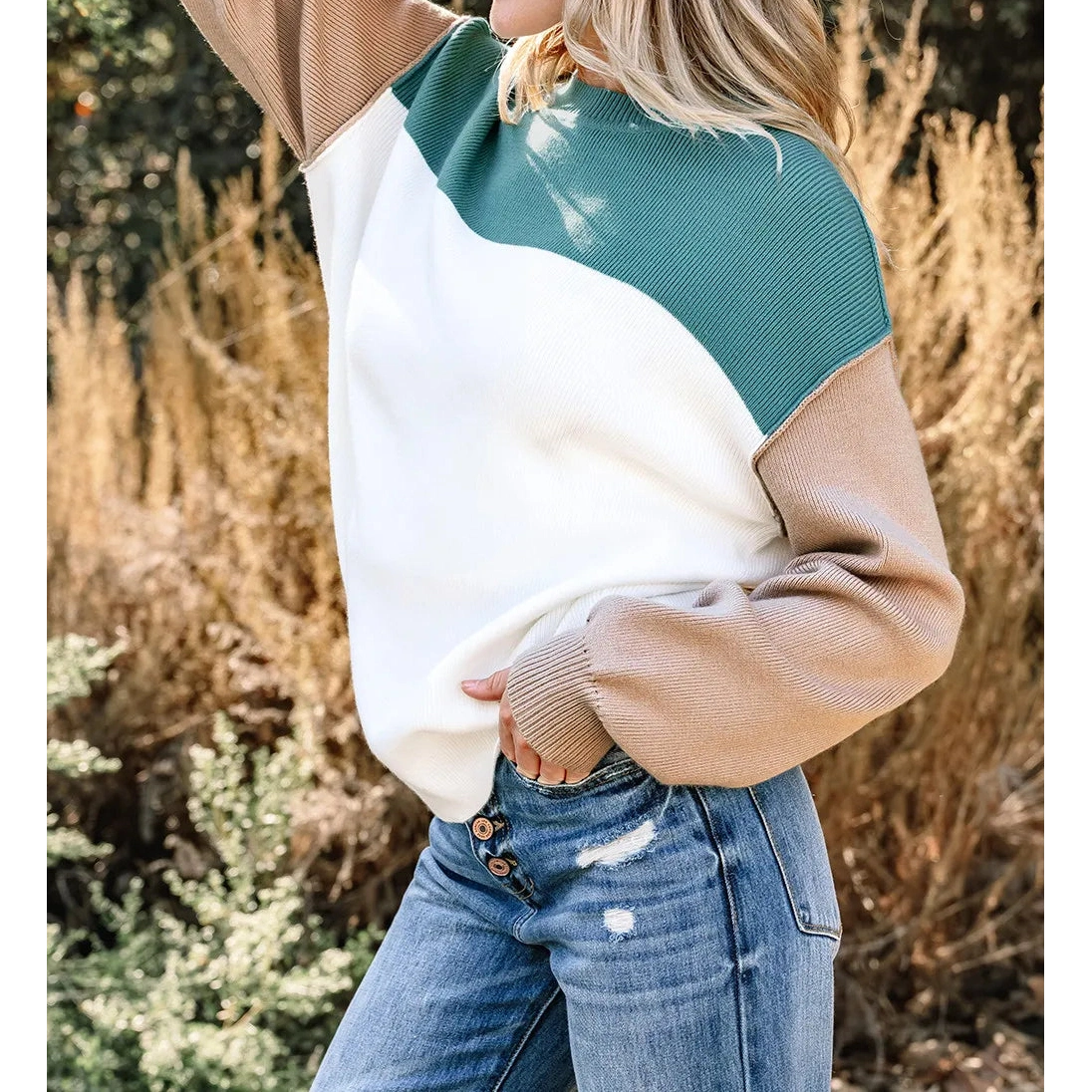 Nissa Green Color Block Plain Ribbed Knit Baggy Sweater