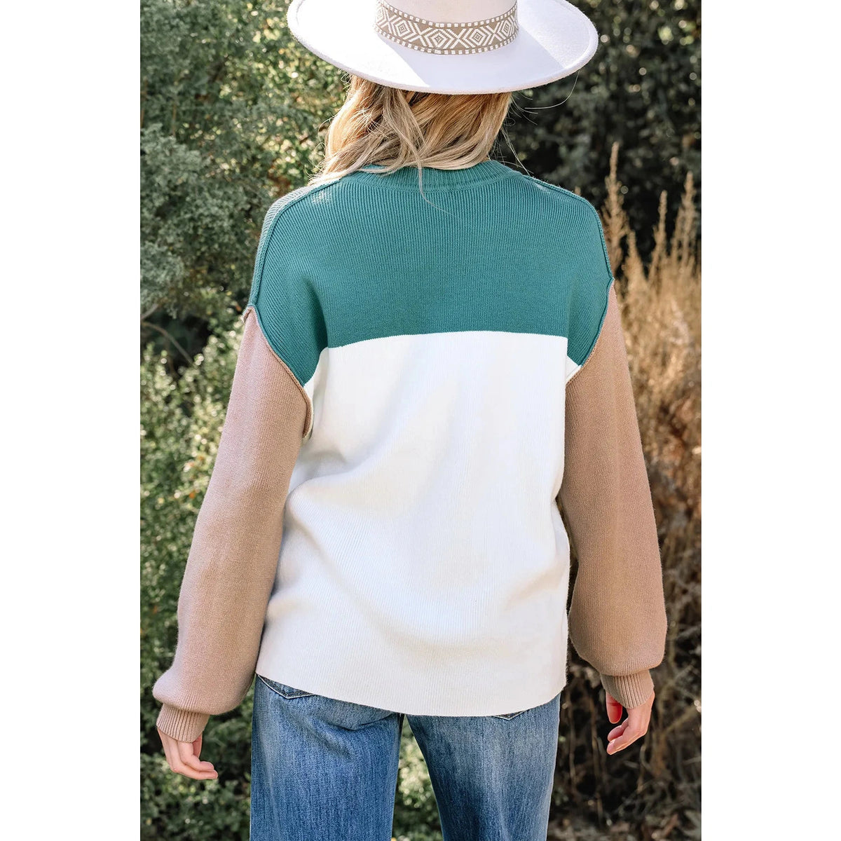 Nissa Green Color Block Plain Ribbed Knit Baggy Sweater