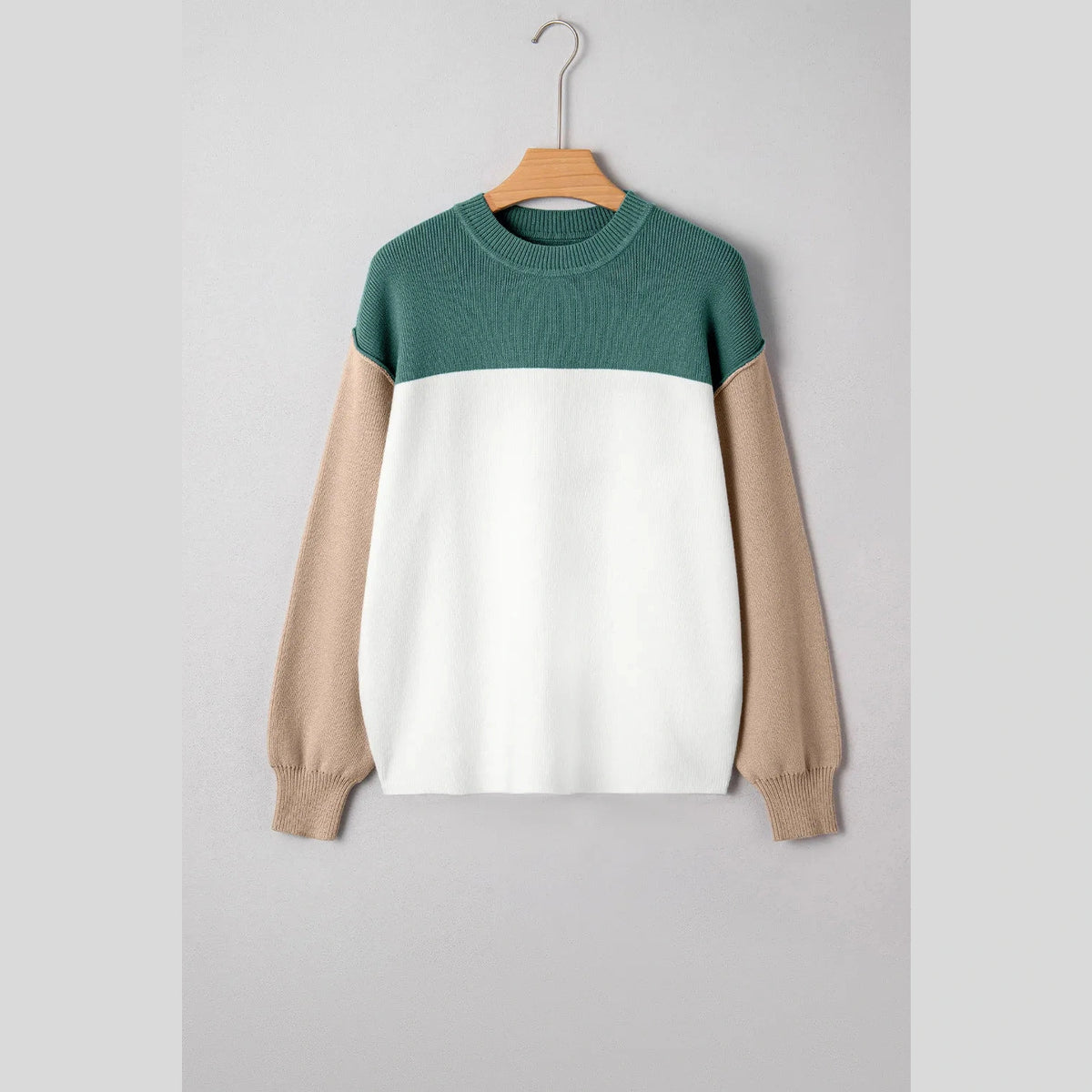 Nissa Green Color Block Plain Ribbed Knit Baggy Sweater