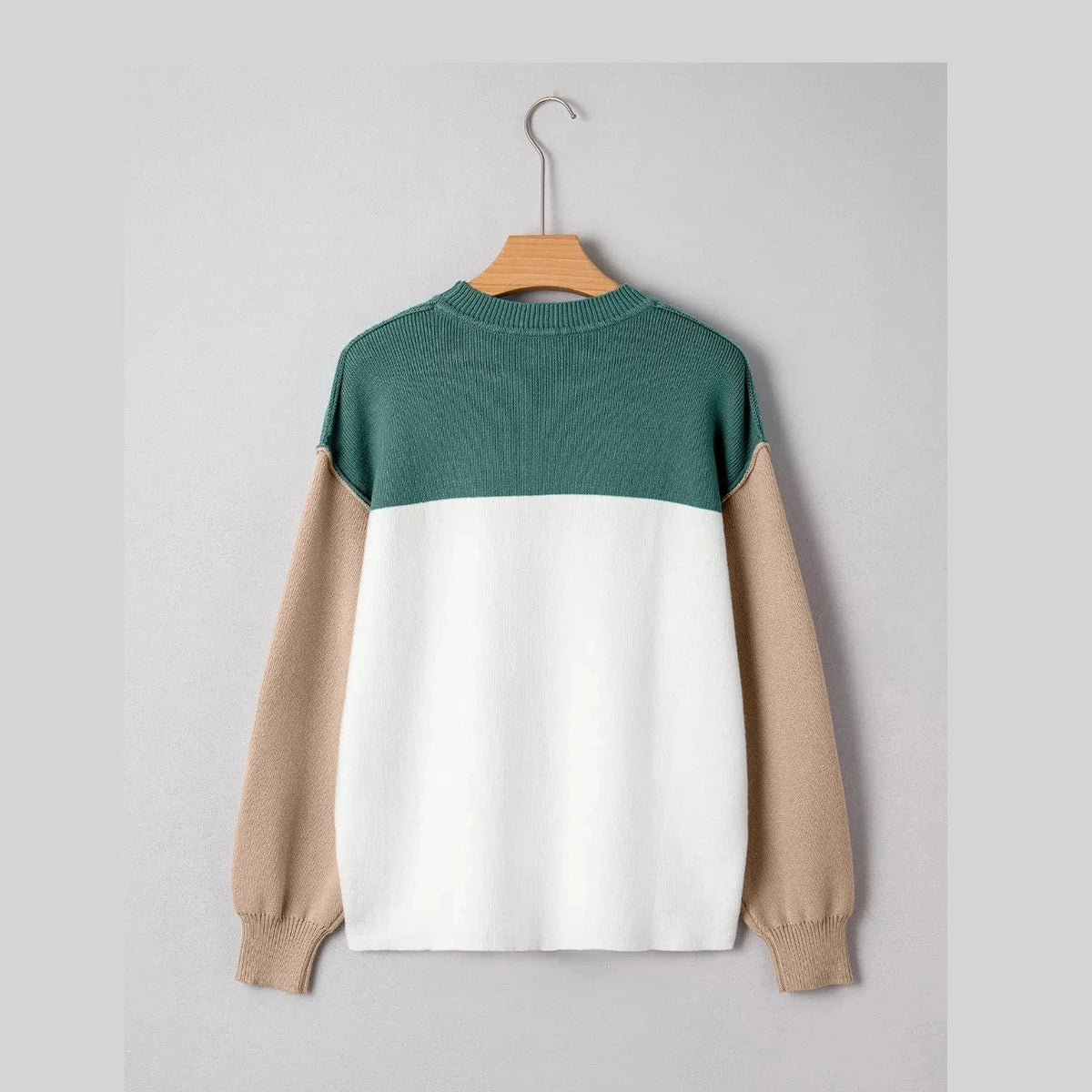 Nissa Green Color Block Plain Ribbed Knit Baggy Sweater