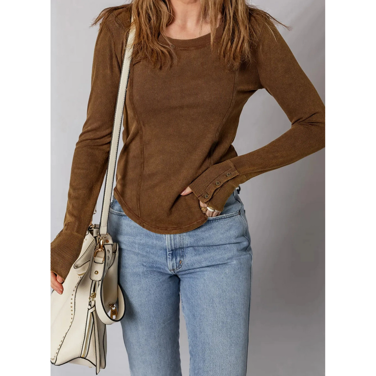 SALE!!!  Noemi Coffee Exposed Seam Ribbed Long Sleeve Top