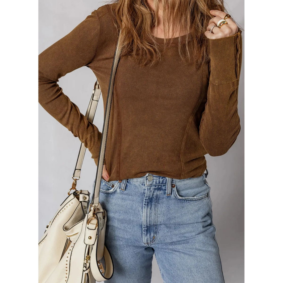SALE!!!  Noemi Coffee Exposed Seam Ribbed Long Sleeve Top