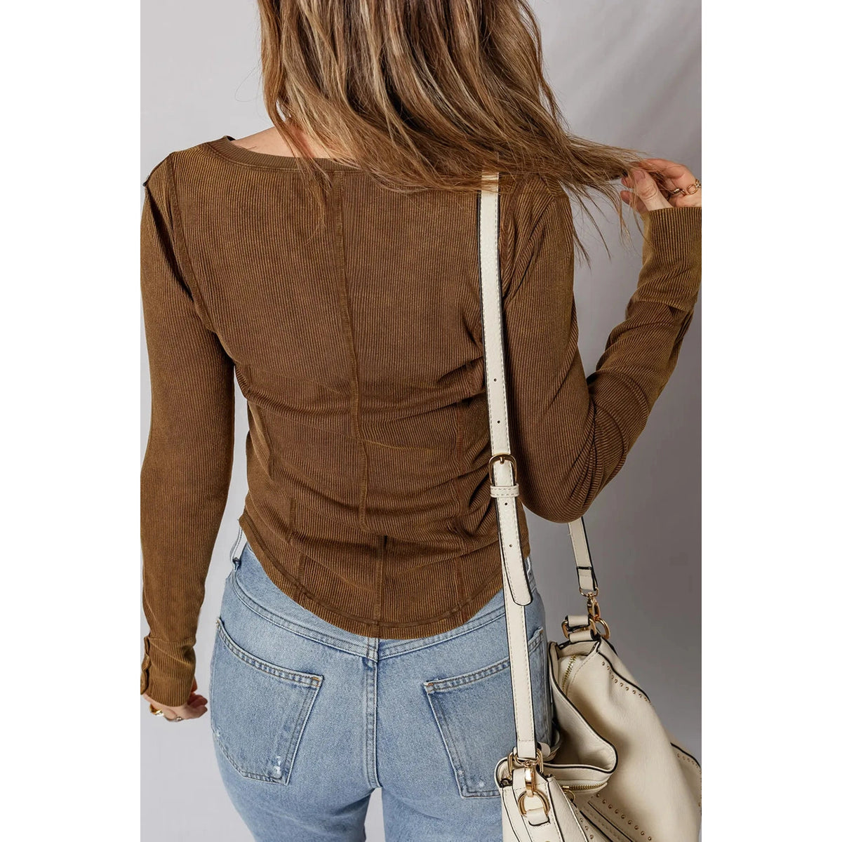 SALE!!!  Noemi Coffee Exposed Seam Ribbed Long Sleeve Top