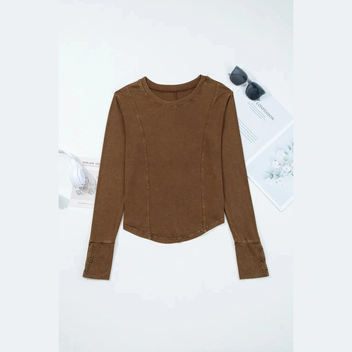 SALE!!!  Noemi Coffee Exposed Seam Ribbed Long Sleeve Top
