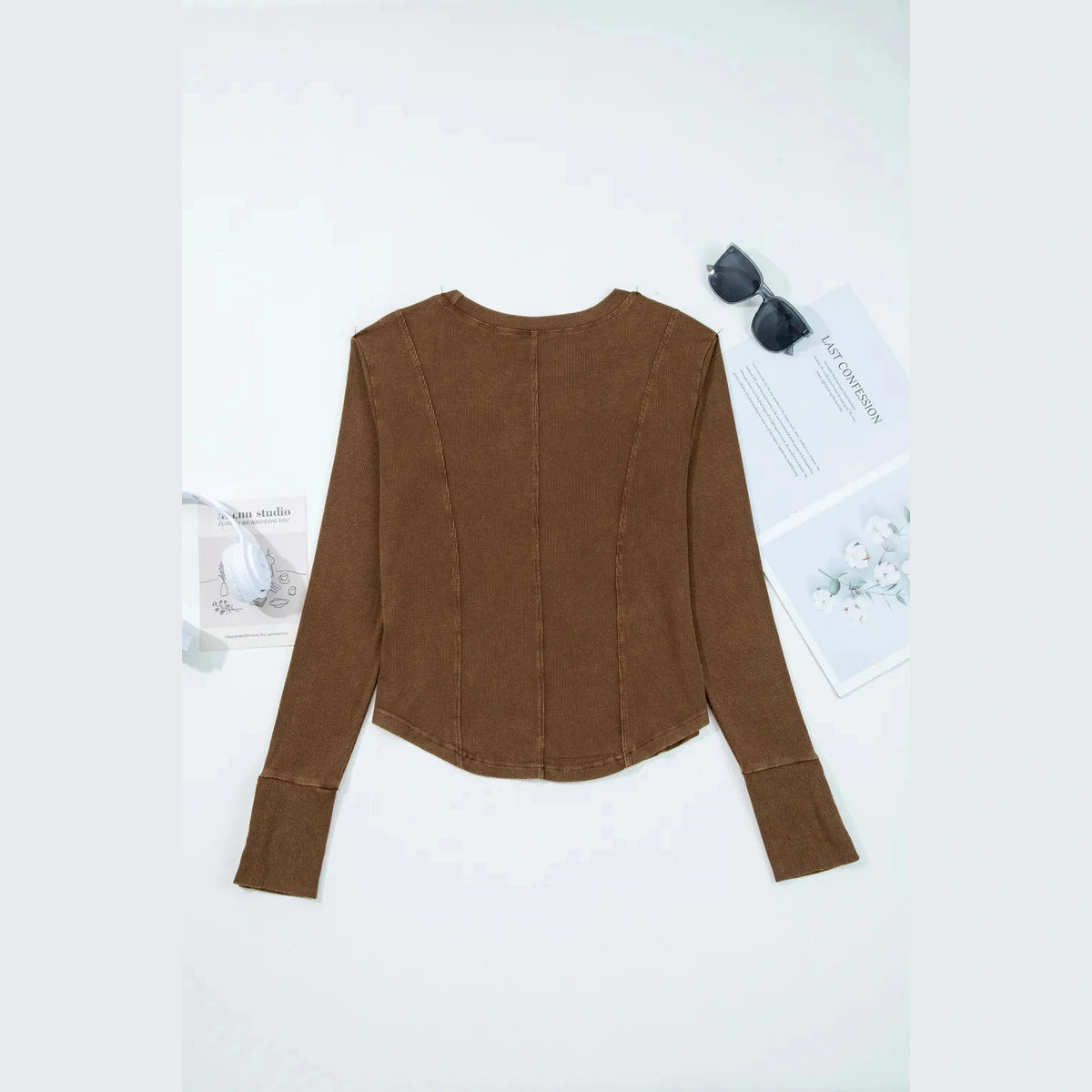 SALE!!!  Noemi Coffee Exposed Seam Ribbed Long Sleeve Top