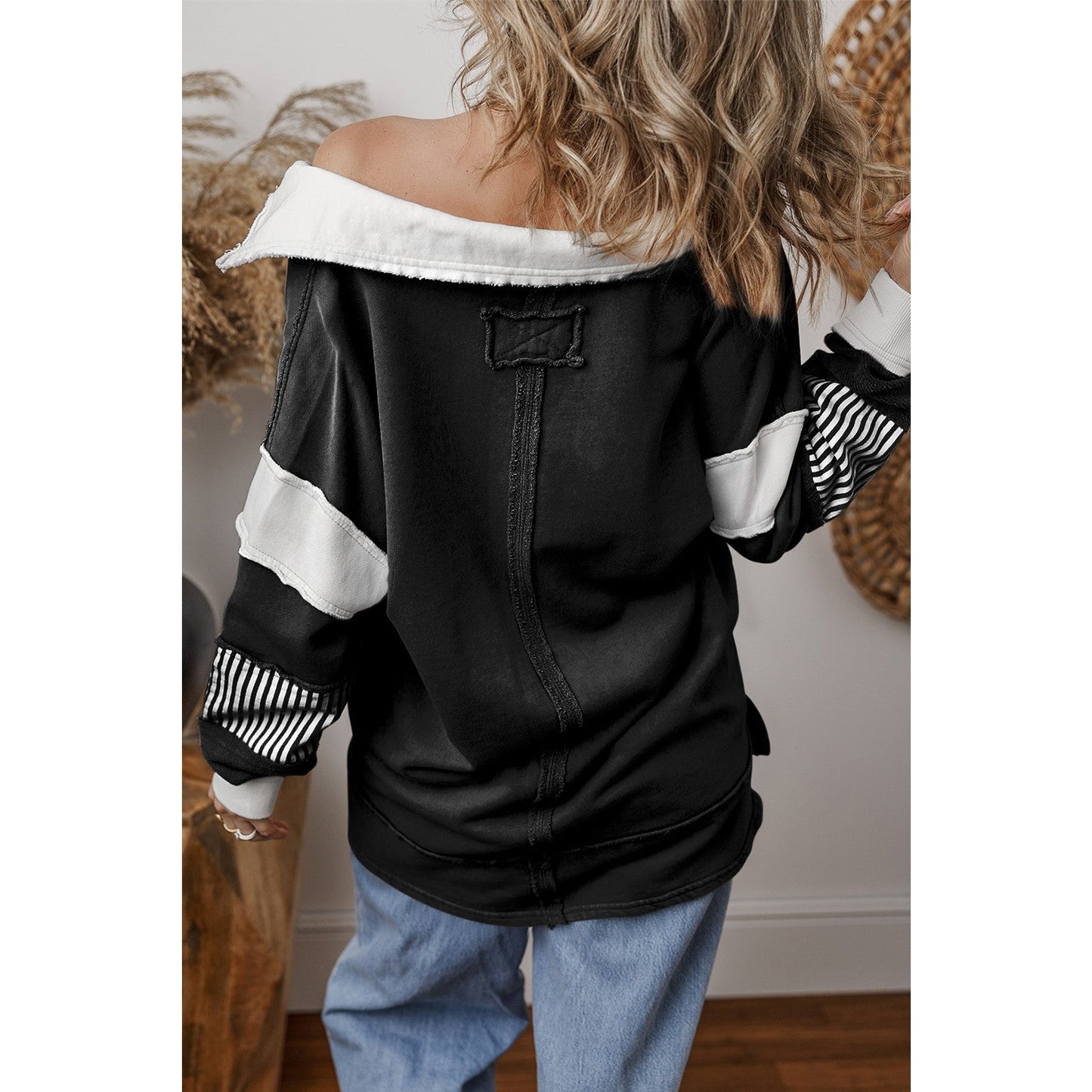 Nomi Black Striped Colorblock Patchwork Collar Sweatshirt