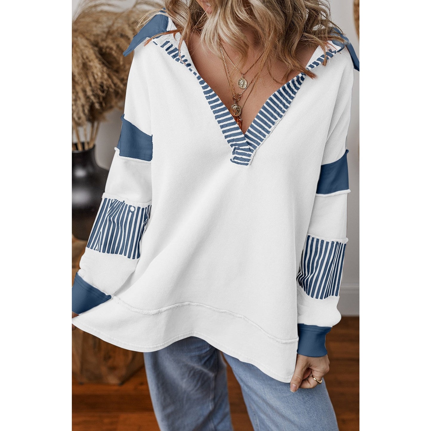 Nomi White Striped Colorblock Patchwork Collar Sweatshirt