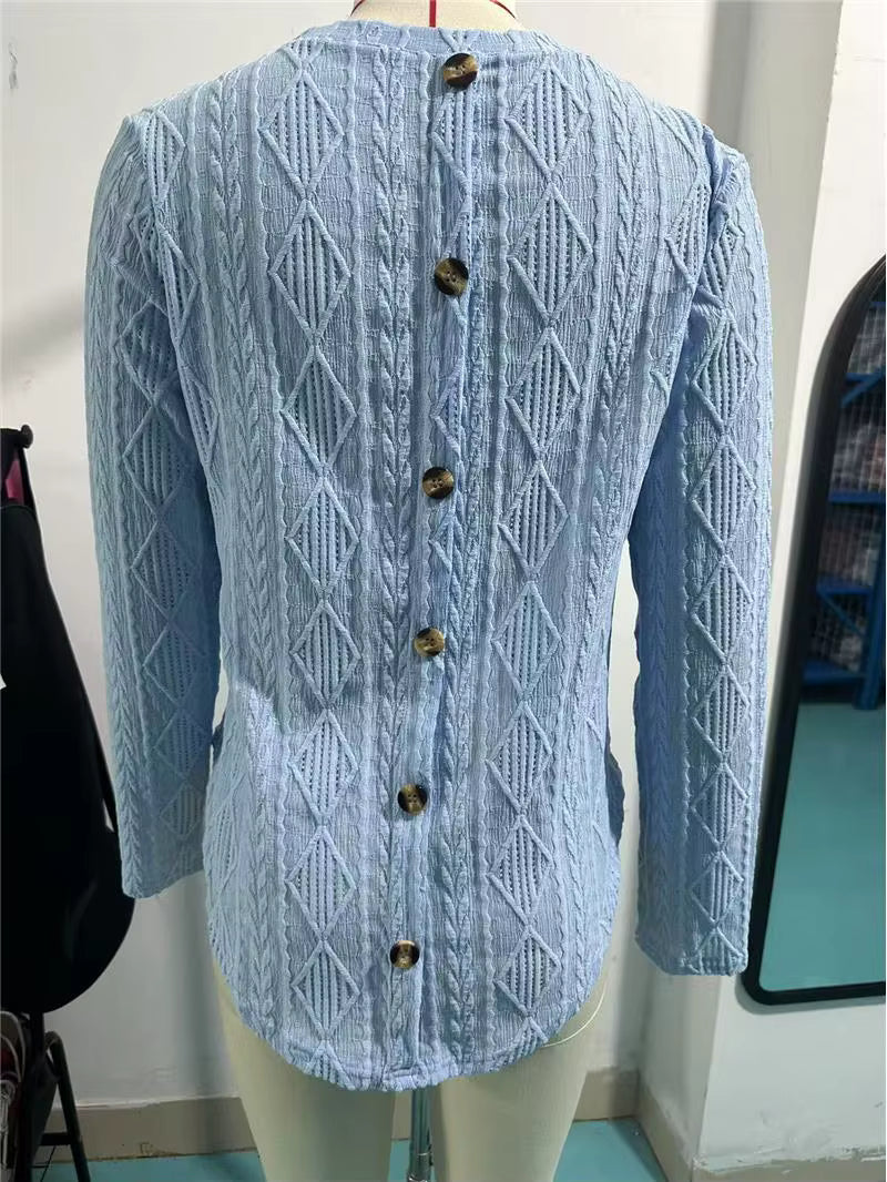 Nona Light Blue Textured Diamond‑Knit Blouse With Back Button Detail