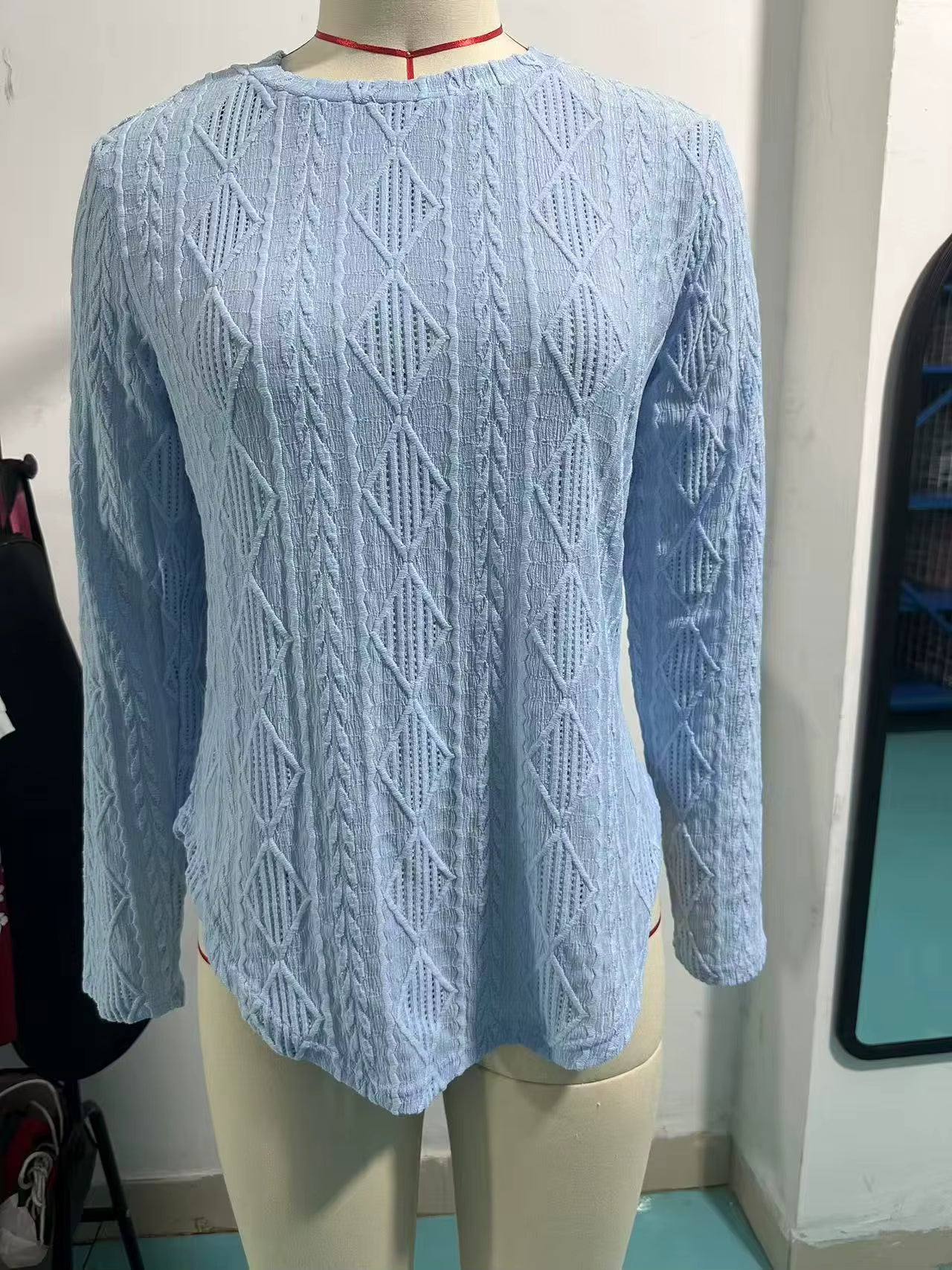 Nona Light Blue Textured Diamond‑Knit Blouse With Back Button Detail