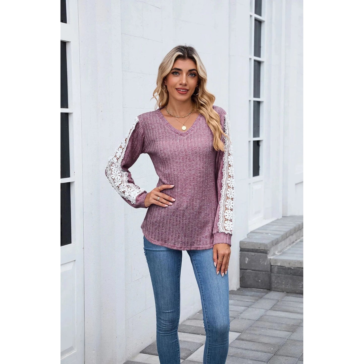 Nora Purple Ribbed Lace Trim Long Sleeve Top