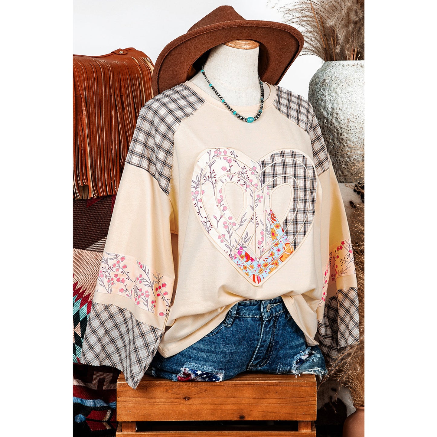 Nora Beige Plaid Floral Peace Heart Graphic Wide Long Sleeve Top