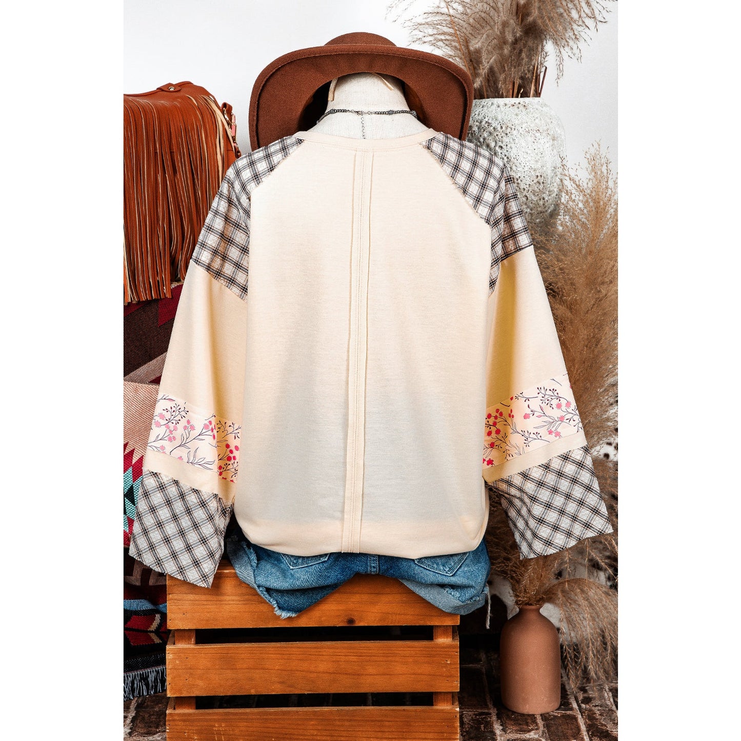 Nora Beige Plaid Floral Peace Heart Graphic Wide Long Sleeve Top